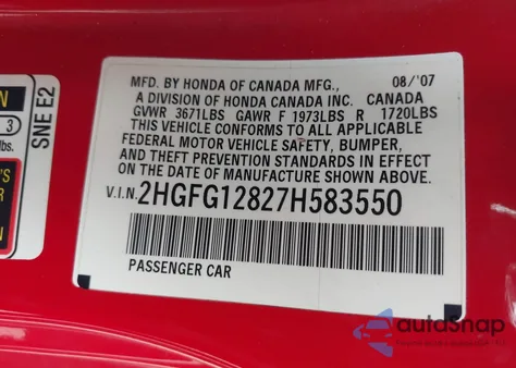 2007 Honda Civic Ex from USA, damaged, VIN 2HGFG12827H583550